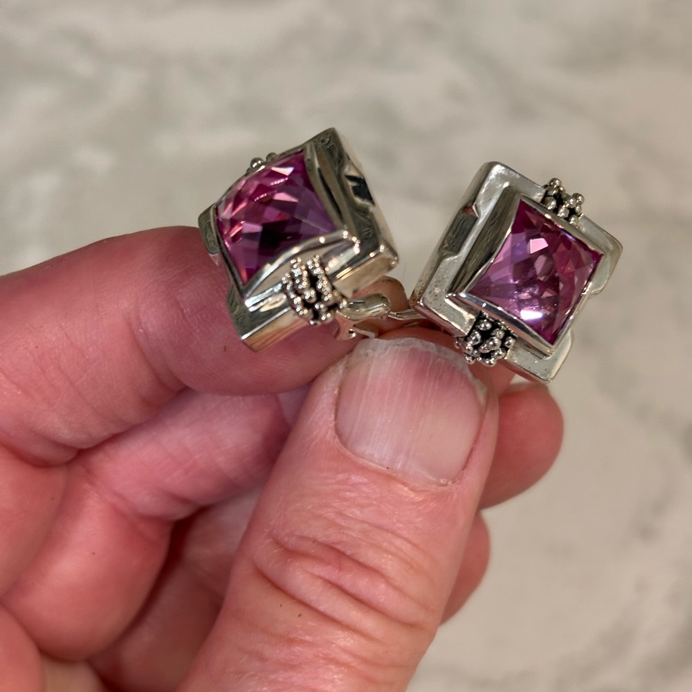 Michael Dawkins Square Checkerboard Simulated Pink Sapphire/SS Earrings - Picture 2 of 3